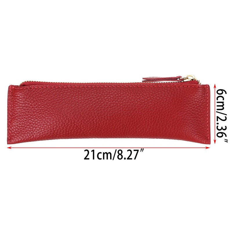 BTSKY Genuine Leather Pencil Case - Zippered Pen Case Stationery Bag Zipper Pouch Pencil Holder (Red) - Image 4
